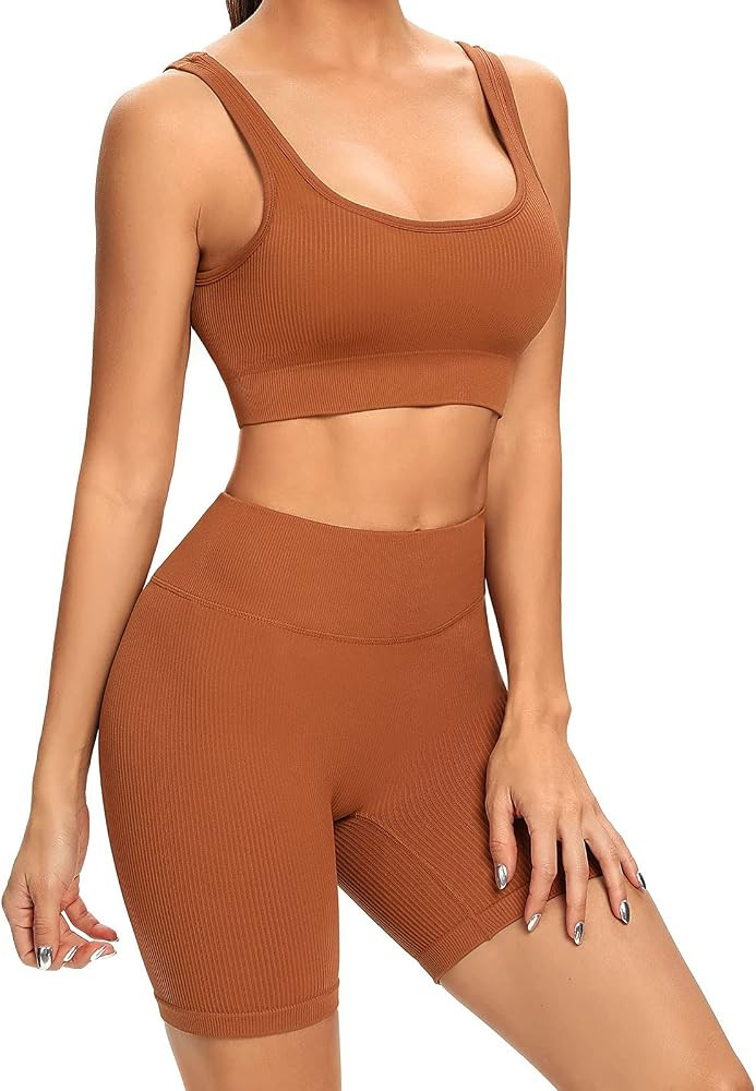 Buscando Ribbed Yoga Outfits Workout Sets for Women 2 Piece Shorts Seamless High Waist Leggings Spor | Amazon (US)