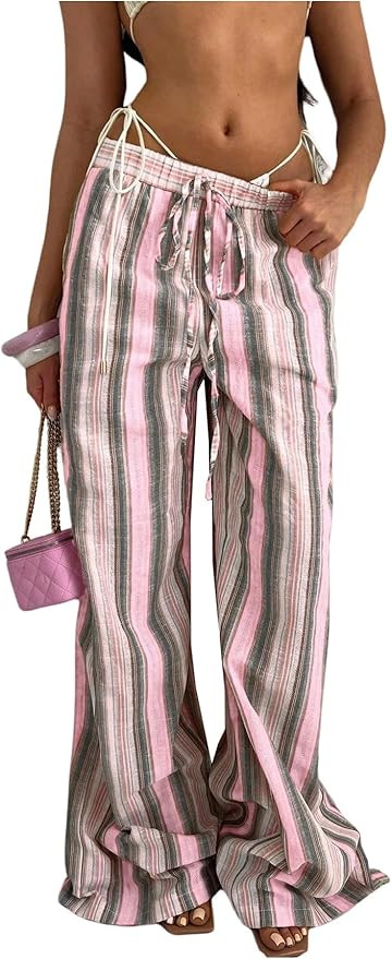 GORGLITTER Women's Striped Linen Pants Summer Casual Boho Bow Elastic Low Waist Drawstring Wide L... | Amazon (US)
