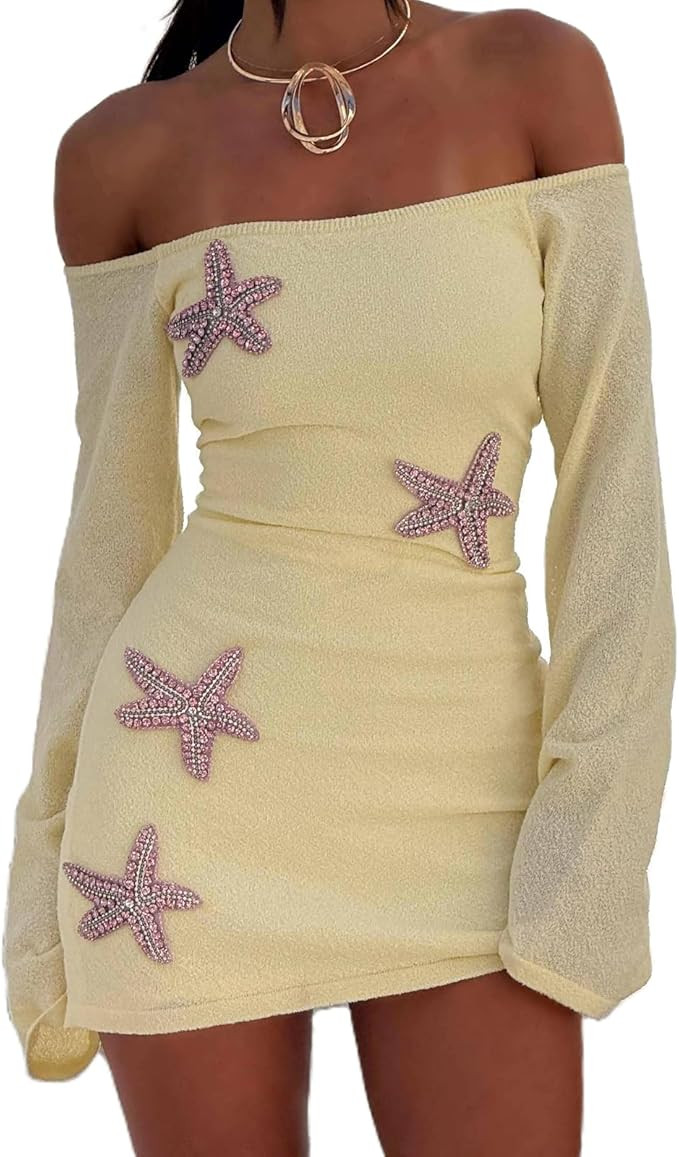 Women Y2k Beach Knit Mini Dress Sequin Starfish Fruits Crochet Bodycon Dress Summer Vacation Sund... | Amazon (US)