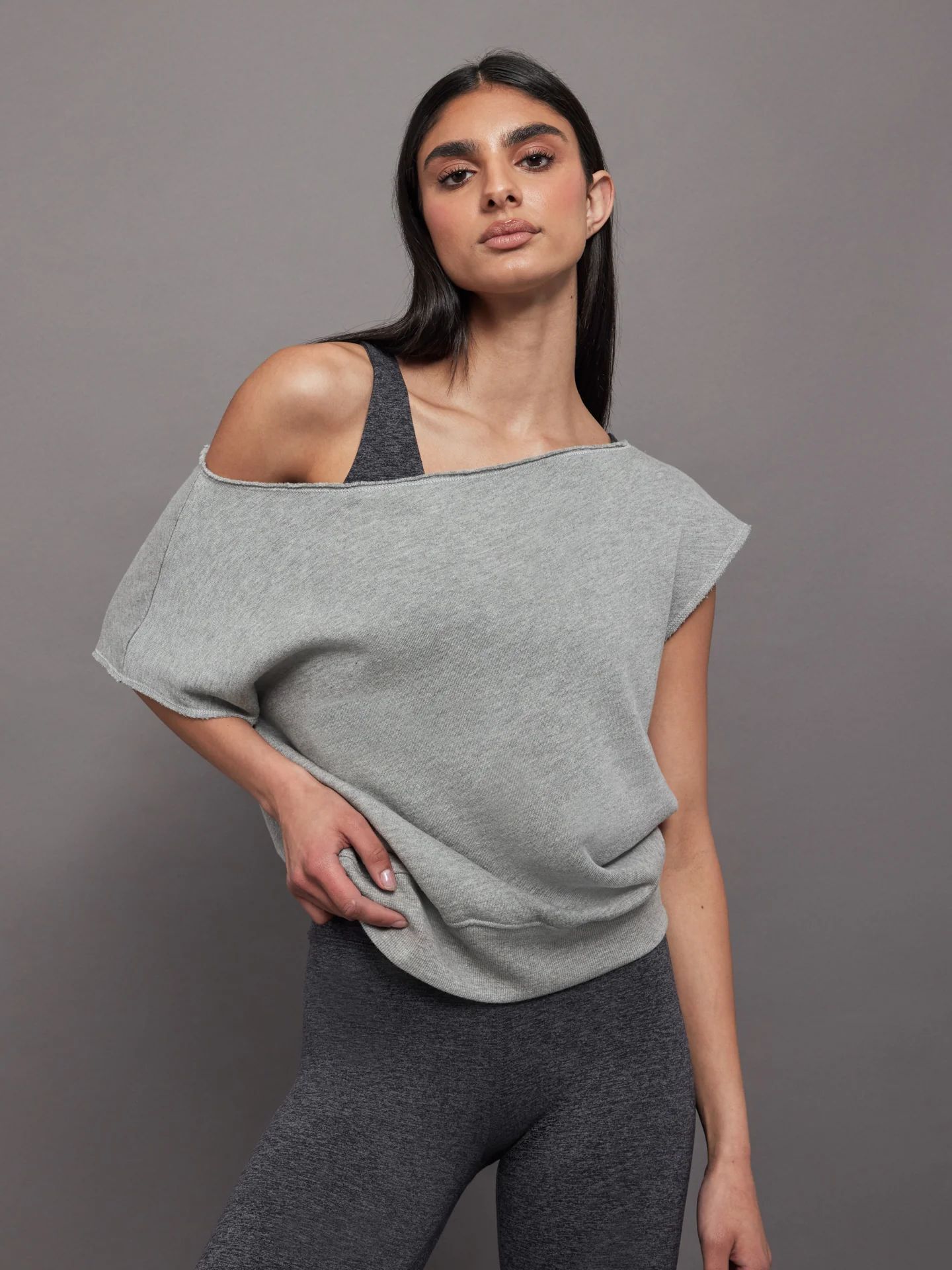 Short Sleeve Off Shoulder Sweatshirt in French Terry - Heather Grey | Carbon38