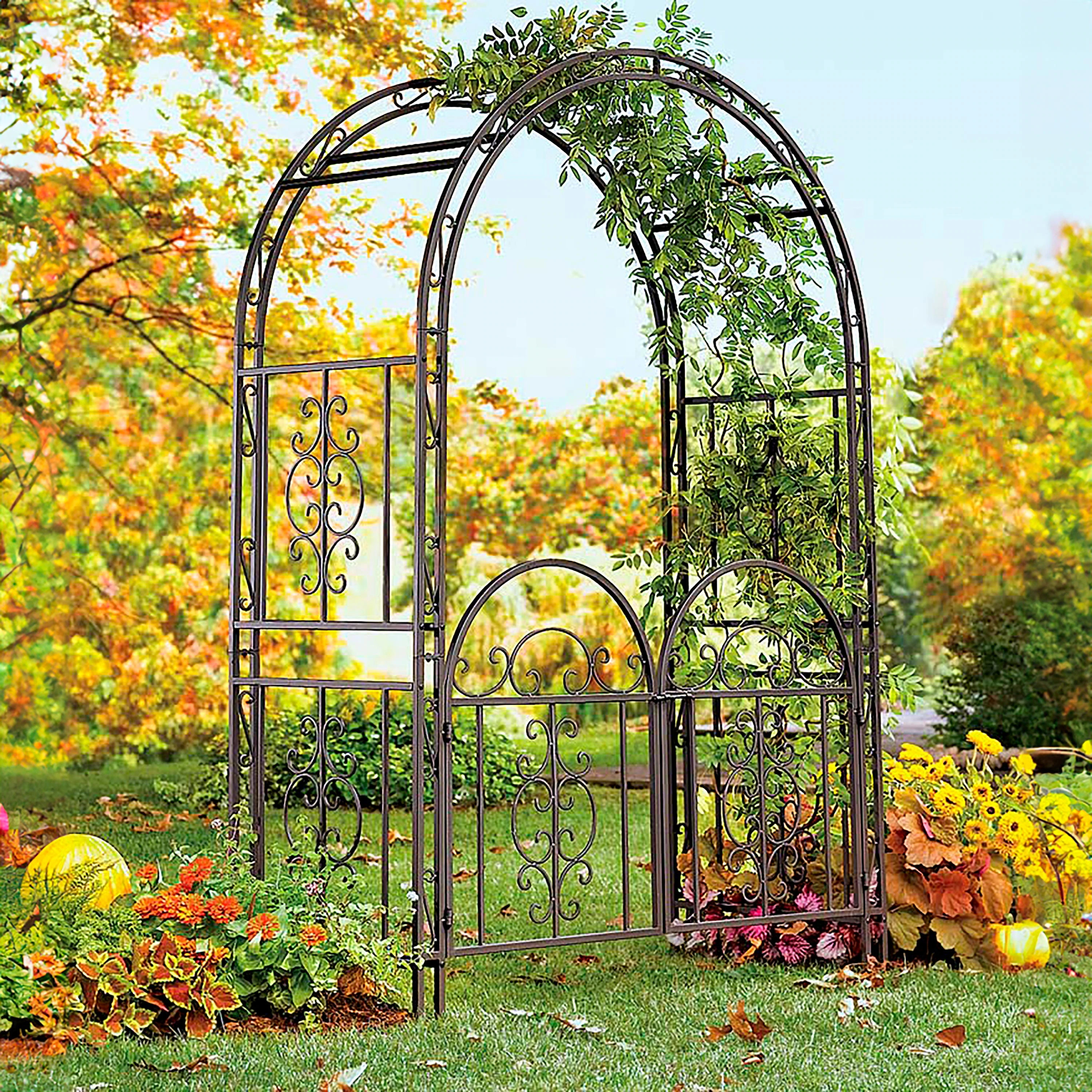 84" x 53" Montebello Iron Garden Arbor with Gate - Metal - Black | Overstock