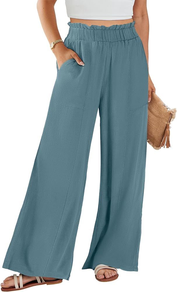 ANRABESS Women's Linen Palazzo Pants Summer Casual Loose High Waist Wide Leg Lounge Pant Spring T... | Amazon (US)