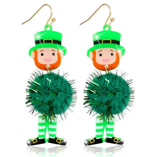JMHACHY St Patrick's Earrings for Women - Leprechaun Green Pom-Poms Lightweight Cute Funny Acrylic Dangle Earrings, Luck St. Patrick's Holiday Jewelry | Amazon (US)