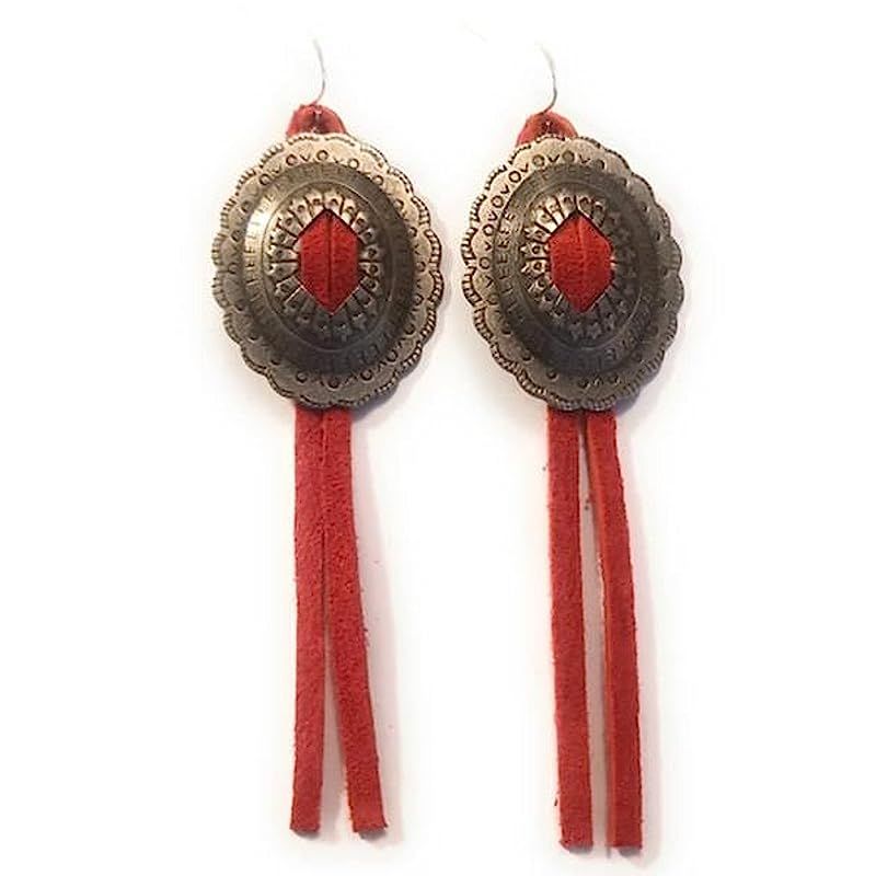 Red Soft Suede Leather Tassel Earrings 3 Inch Cowgirl Western Concho Shield Antiqued Silver Finis... | Amazon (US)