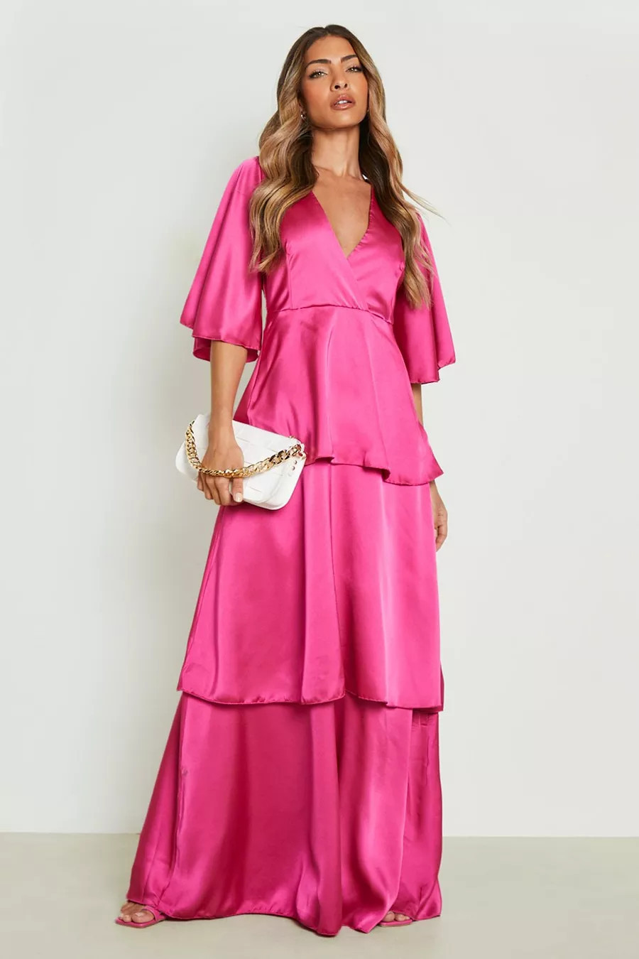 Satin Tiered Maxi Dress With Angel Sleeve | Boohoo.com (US & CA)