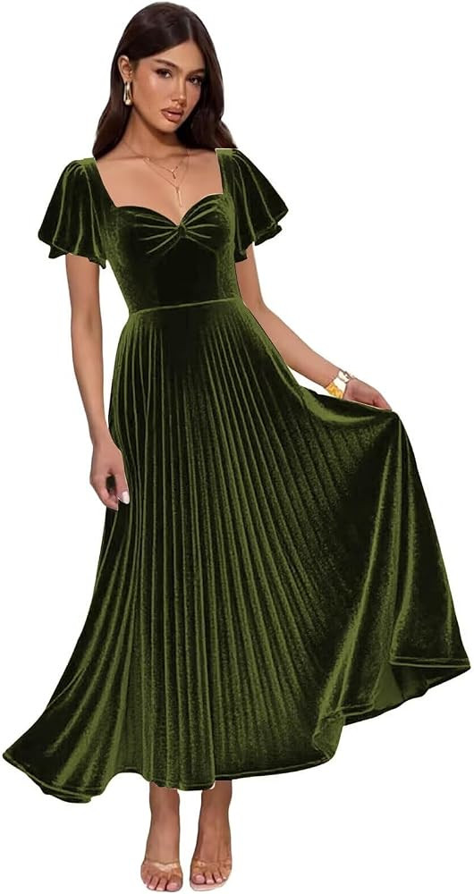 Flutter Sleeve Velvet Bridesmaid Dresses 2025 Pleated A Line Long Formal Evening Party Gowns | Amazon (US)