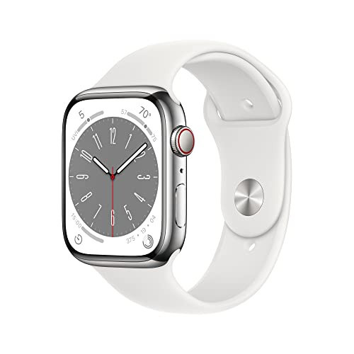 Apple Watch Series 8 [GPS + Cellular 45mm] Smart Watch w/Silver Stainless Steel Case with White Sport Band - M/L. Fitness Tracker, Blood Oxygen & ECG Apps, Always-On Retina Display, Water Resistant | Amazon (US)