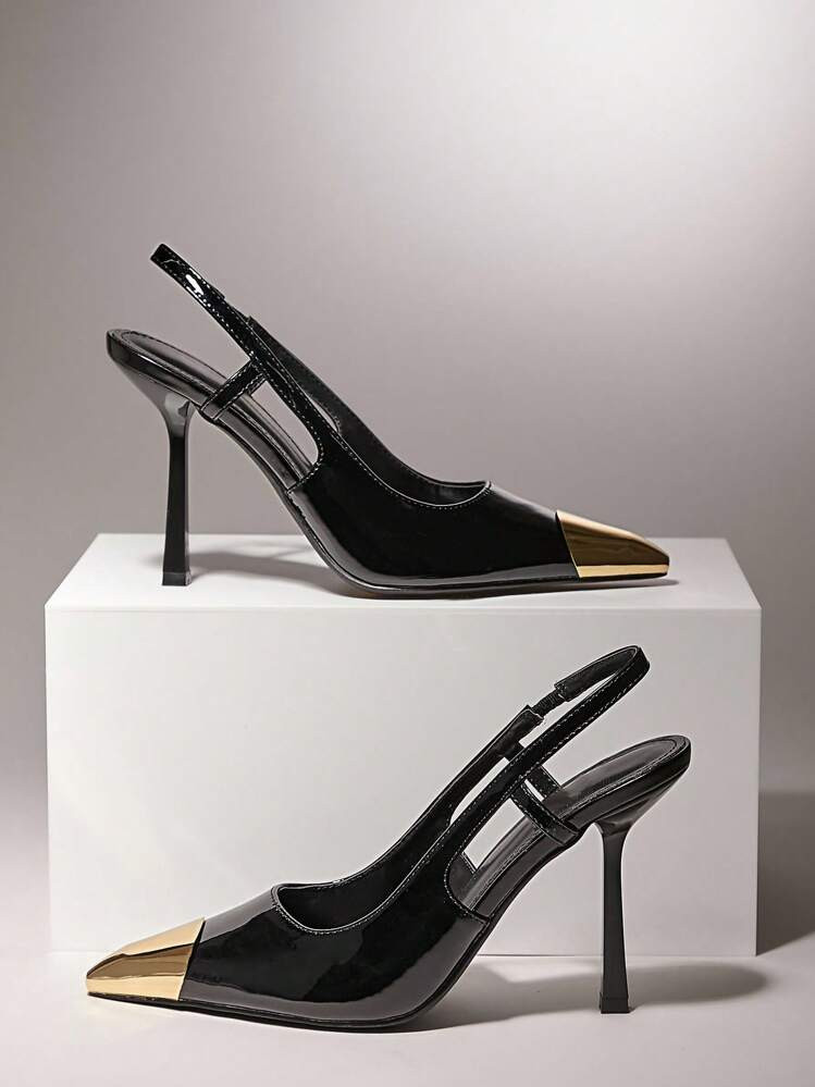 SHUZIA Elegant Women's Black Patent Slingback Pointed Metal Toe Cap Pump Square Cut Vamp Stiletto... | SHEIN