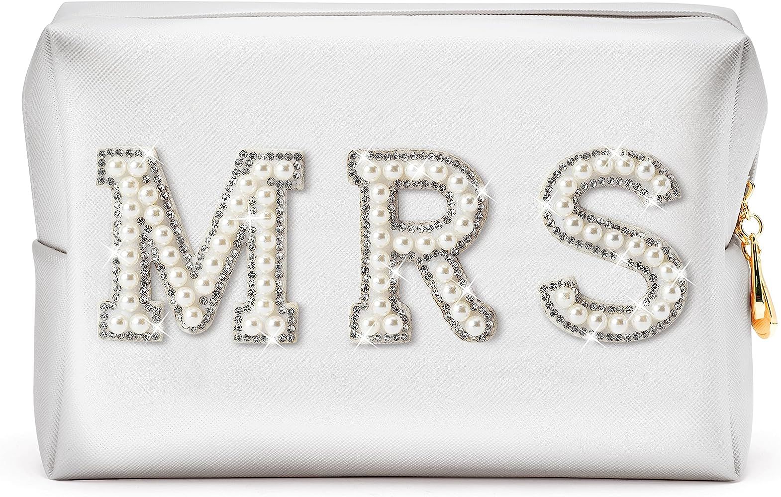 Y1tvei Mrs Cosmetic Large Bag - White Patch Varsity Letter MRS Toiletry Big Bag Pearl Rhinestone ... | Amazon (US)