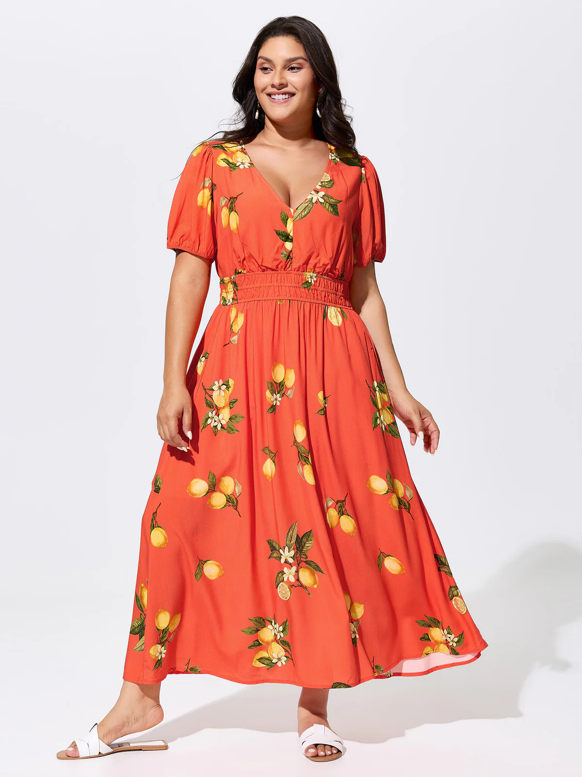 Citrus Floral Print Puff Sleeve Maxi Dress | Bloomchic