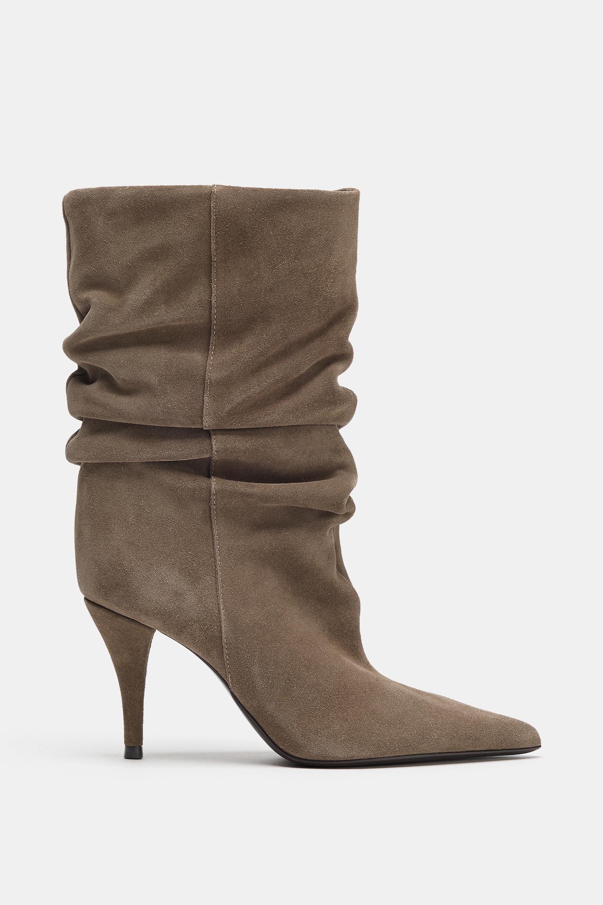 Zara - Suede Gathered High-Heel Boots - Taupe Gray - 11 - Woman | Zara US