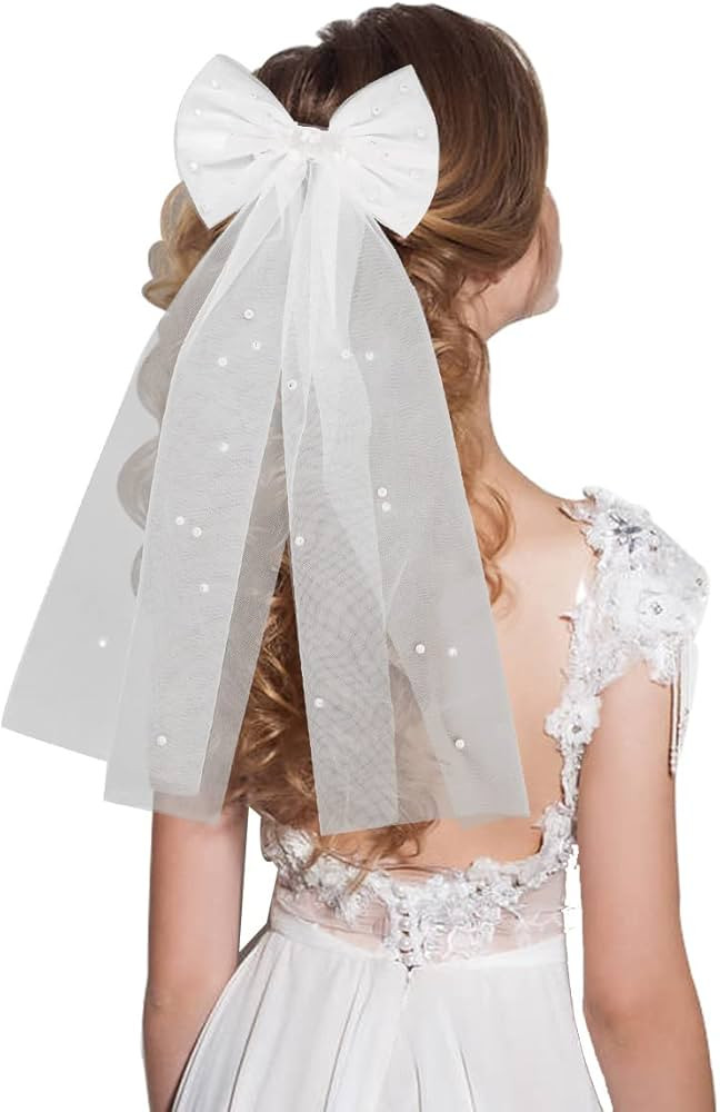 Bride Hair Bow Clip Penta Angel Large White Pearl Wedding Hair Veil Alligator Barrette Accessorie... | Amazon (CA)