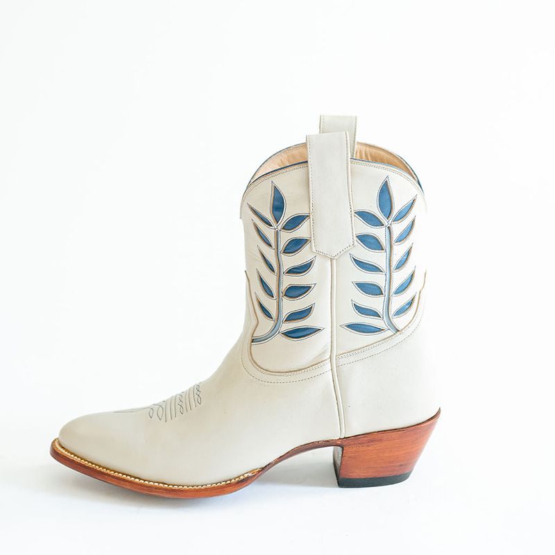 Ivory & Blue Sewed Cowgirl Boots Pointy Toe Block Heel Ankle Booties | FSJshoes