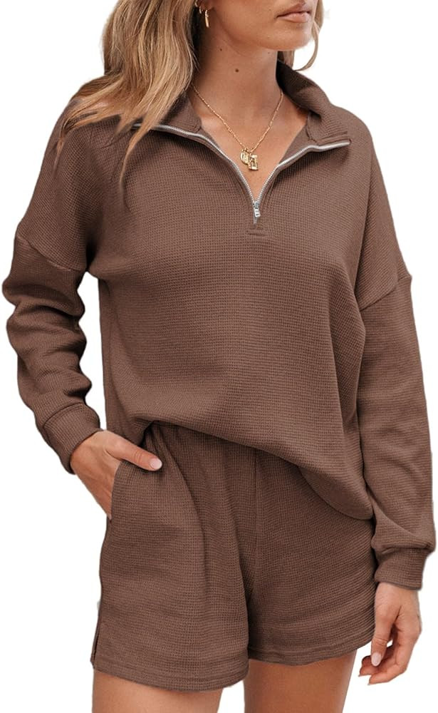 Aleumdr Women's 2 Piece Outfits Zipper Waffle Knit Lounge Sets 2023 Fashion Long Sleeve Shorts Ma... | Amazon (US)