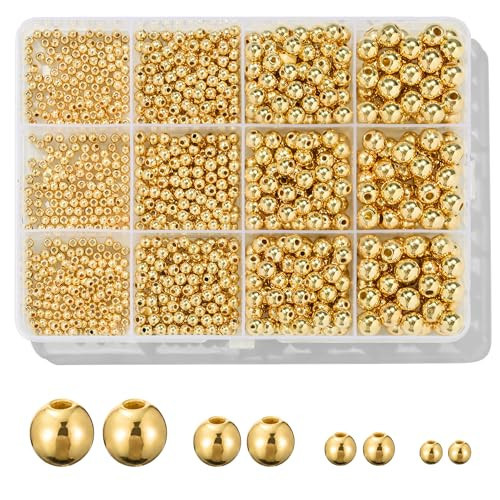 1100 Pcs Smooth Round Beads - 3/4/6/8mm Gold Spacer Loose Ball Bead Kits for Bracelet Jewelry Making | Amazon (US)