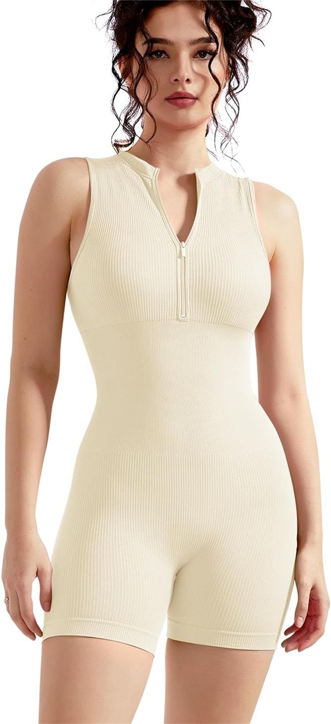 RXRXCOCO Women Zip Up long Sleeve Body Suit V Neck Bodycon Ribbed Shapewear Bodysuit | Amazon (US)