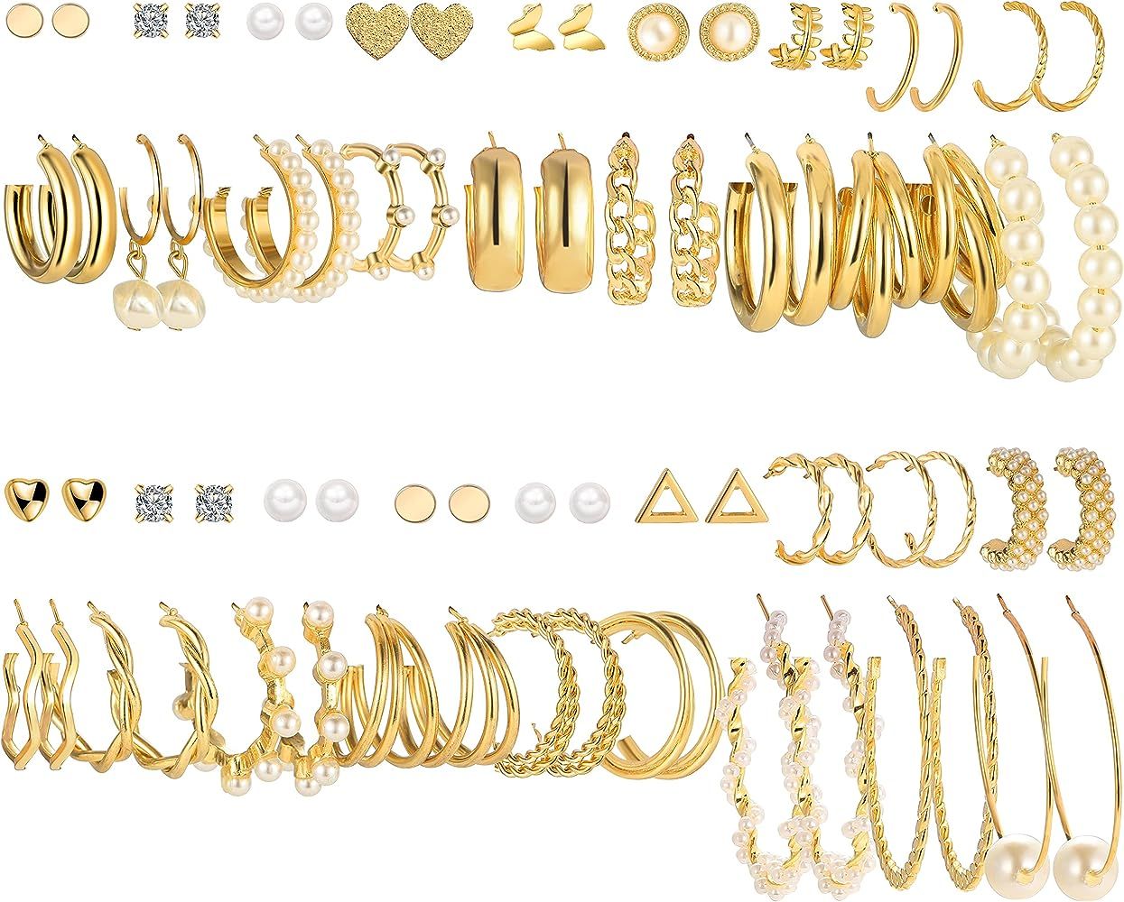 FAXHION 36 Pairs Gold Earrings Set for Women Girls, Fashion Pearl Chain Link Stud Drop Dangle Ear... | Amazon (US)