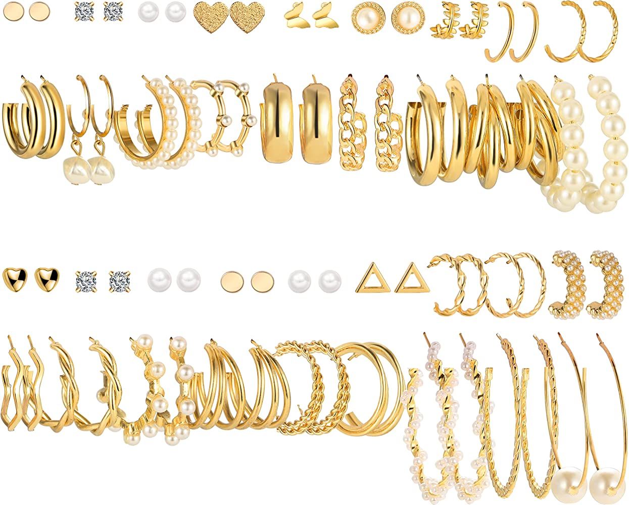 36 Pairs Gold Earrings Set for Women Girls, Fashion Pearl Chain Link Stud Drop Dangle Earrings Mu... | Amazon (US)