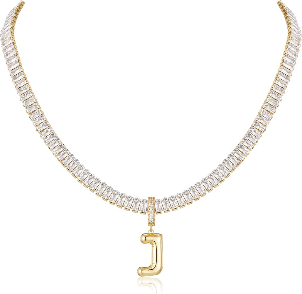 Bubble Letter Necklace Gold Tennis Necklaces for Women 14K Gold Plated Cubic Zirconia Chunky Cust... | Amazon (US)