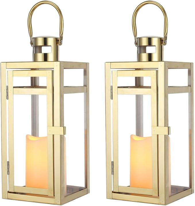 TRIROCKS Set of 2 Stainless Steel Decorative Lantern 12'' High Metal Candle Holder Outdoor Candle... | Amazon (US)