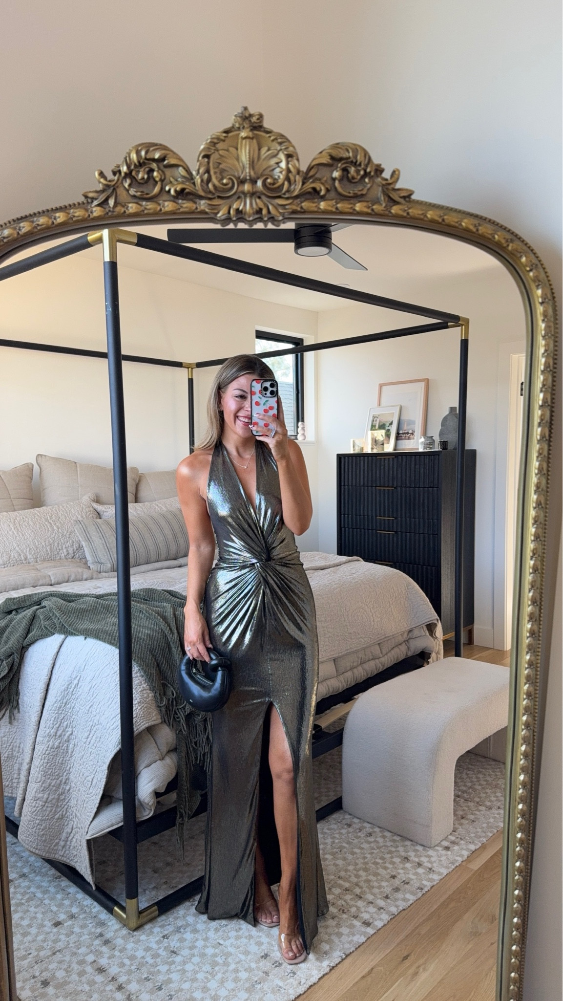 Gold plunge knotted wedding guest dress holiday formal event dress fall special occasion dress  

Wearing my usual size 2. 

Loving tan code: emersonlt

#LTKHoliday #LTKParties #LTKWedding