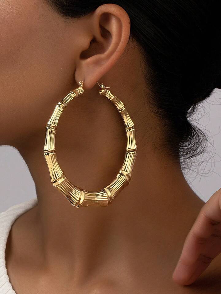 1pair Super Large Bamboo Joint Hoop Earrings Exaggerated Golden Circle Hiphop Street Dance Nightc... | SHEIN