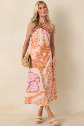 Aylaya Orange Multi Ornate Medallion Print Halter Neck Midi Dress | Red Dress