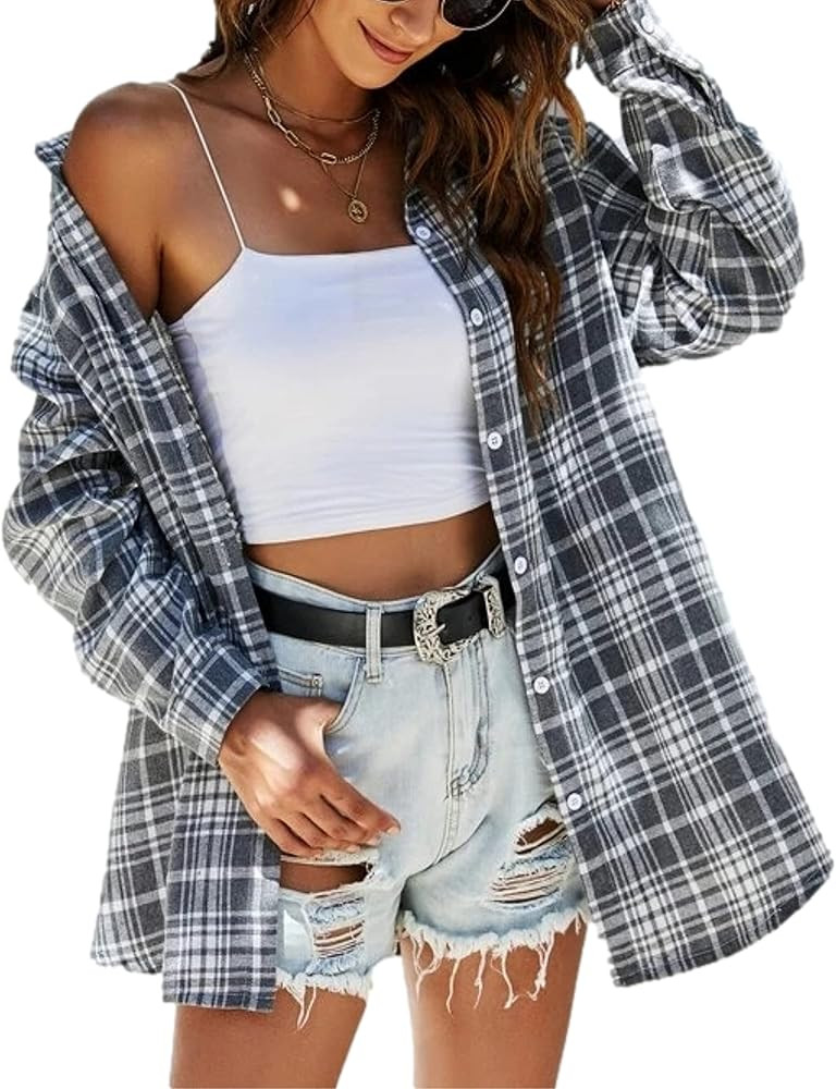Bozanly Flannel Buffalo Plaid Shirts for Women Oversized Button Down Shacket Blouse Tops | Amazon (US)
