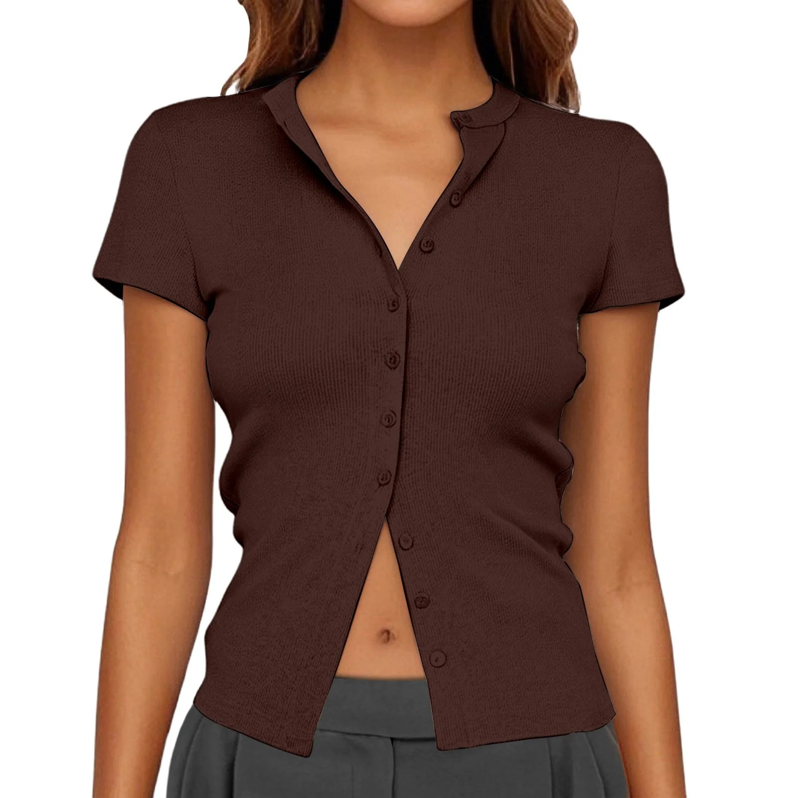 Summer Tops for Women Button Up Ribbed Short Sleeve Cardigan Pure Color Summer Shirts for Women C... | Walmart (US)