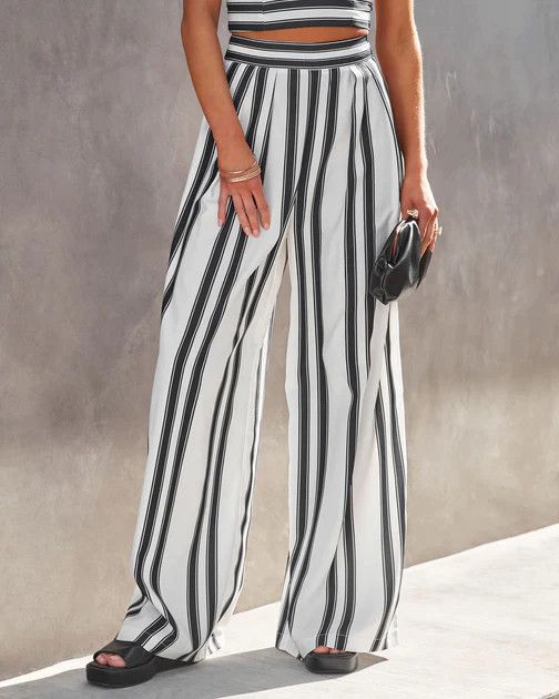 Monaco Striped High Waisted Wide Leg Pants - Black/White | VICI Collection