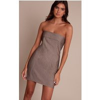 Brown Pinstripe Bandeau Fold Over Bodycon Dress | PrettyLittleThing US