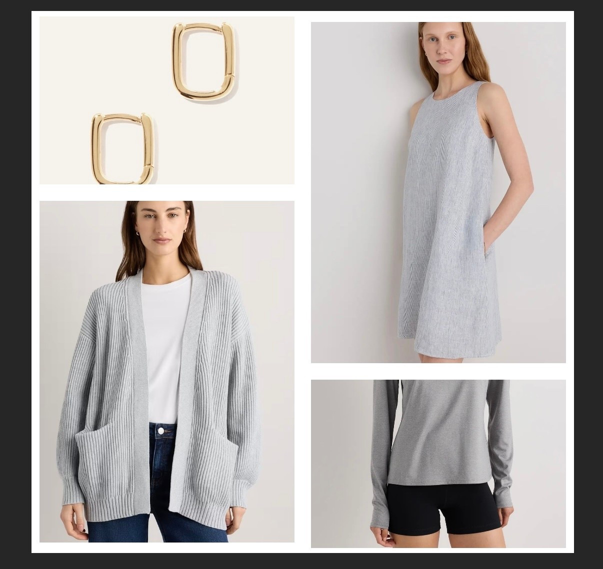These are the simple everyday pieces currently in my #Quince cart. I especially love that the oversized cardigan doesn’t have buttons - perfect with a sleeveless dress without looking frumpy - #springstyle #minimalist #timeless 

#LTKootd #LTKMothersDay #LTKdayinmylife
