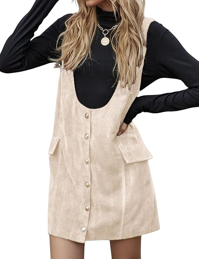 Lentta Womens Corduroy Overall Dress Deep U Neck Sleeveless Button Front Skirtall Pinafore Jumper... | Amazon (US)