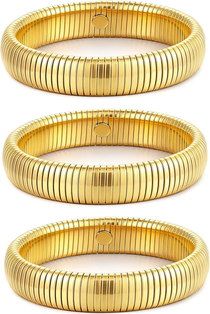 Amazon.com: JUNYANGY Gold Bracelets for Women Set of 3 Gold Chunky Stretch Bangles Bracelets 24K ... | Amazon (US)