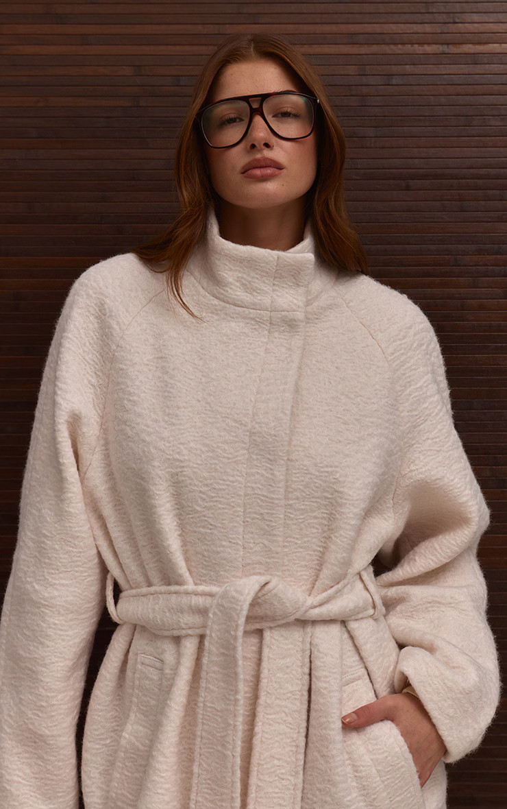 Cream High Neck Tie Waist Wool Look Maxi Coat | PrettyLittleThing UK