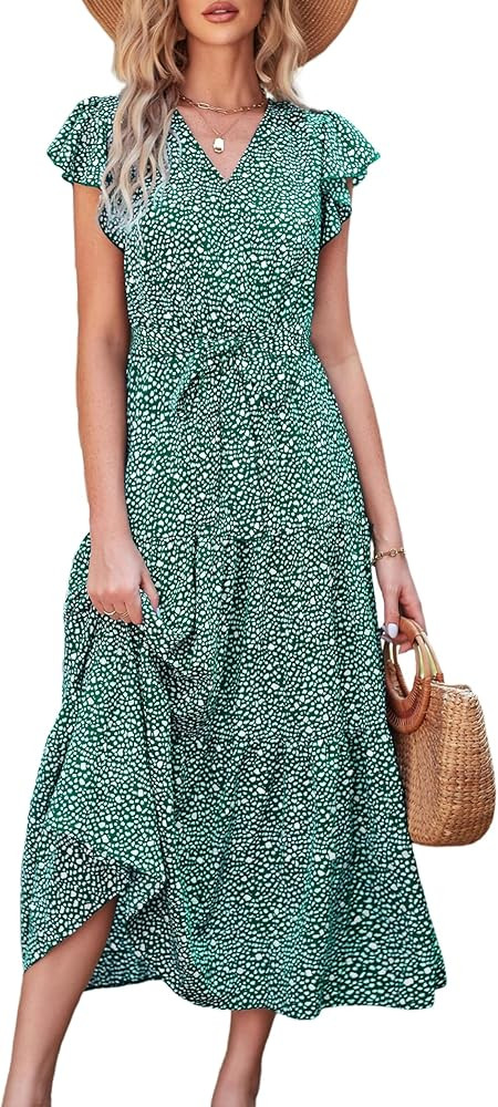 PRETTYGARDEN Women's Boho Floral Summer Dress Wrap V Neck Ruffle Short Sleeve A Line Belted Flowy... | Amazon (US)