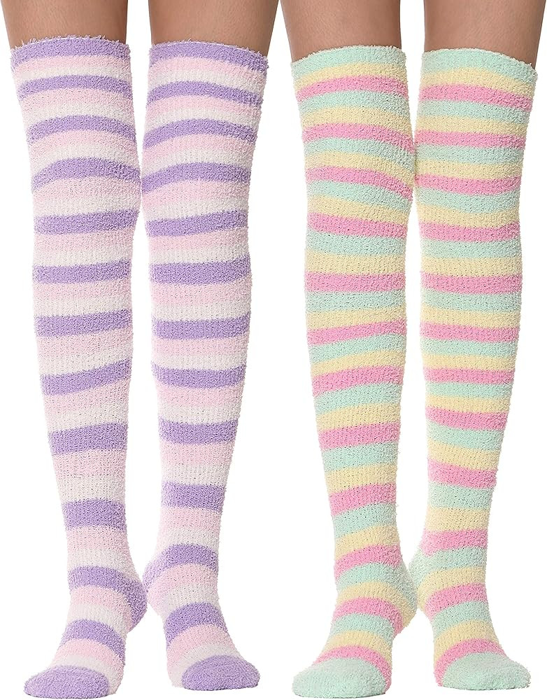 MOGGEI Womens Thigh High Fuzzy Socks Warm Winter Over Knee High Long Striped Fluffy Cozy Fleece S... | Amazon (US)