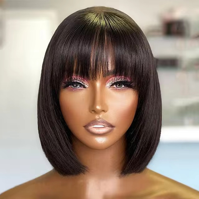 Human Hair Short Bob Wigs Bangs | Glueless Human Hair Wigs Bangs - Short Straight - Aliexpress | AliExpress (US)