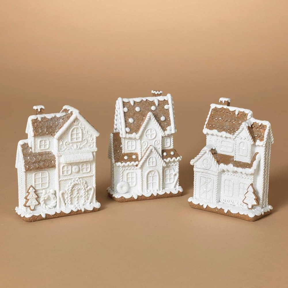 One Holiday Way Set of 3 5.5-Inch Elegant Glitter Frosted White & Brown Gingerbread House Decor w/Snow - Christmas Village Figurines Xmas Indoor Home Decoration | Amazon (US)