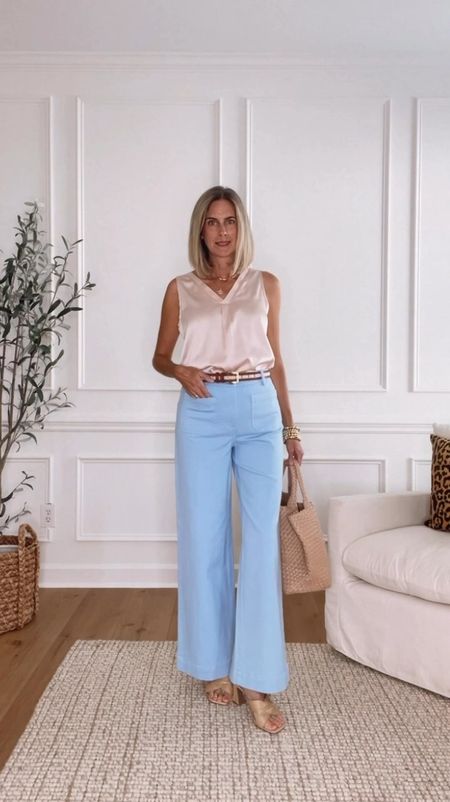 ⭐️ 40% off wide leg pants wearing a 2. 
 Amazon silky satin vneck tank comes in other colors. Wearing a small. Perfect outfit for work or play!

Love Loft




#LTKVideo #LTKOver40 #LTKSaleAlert