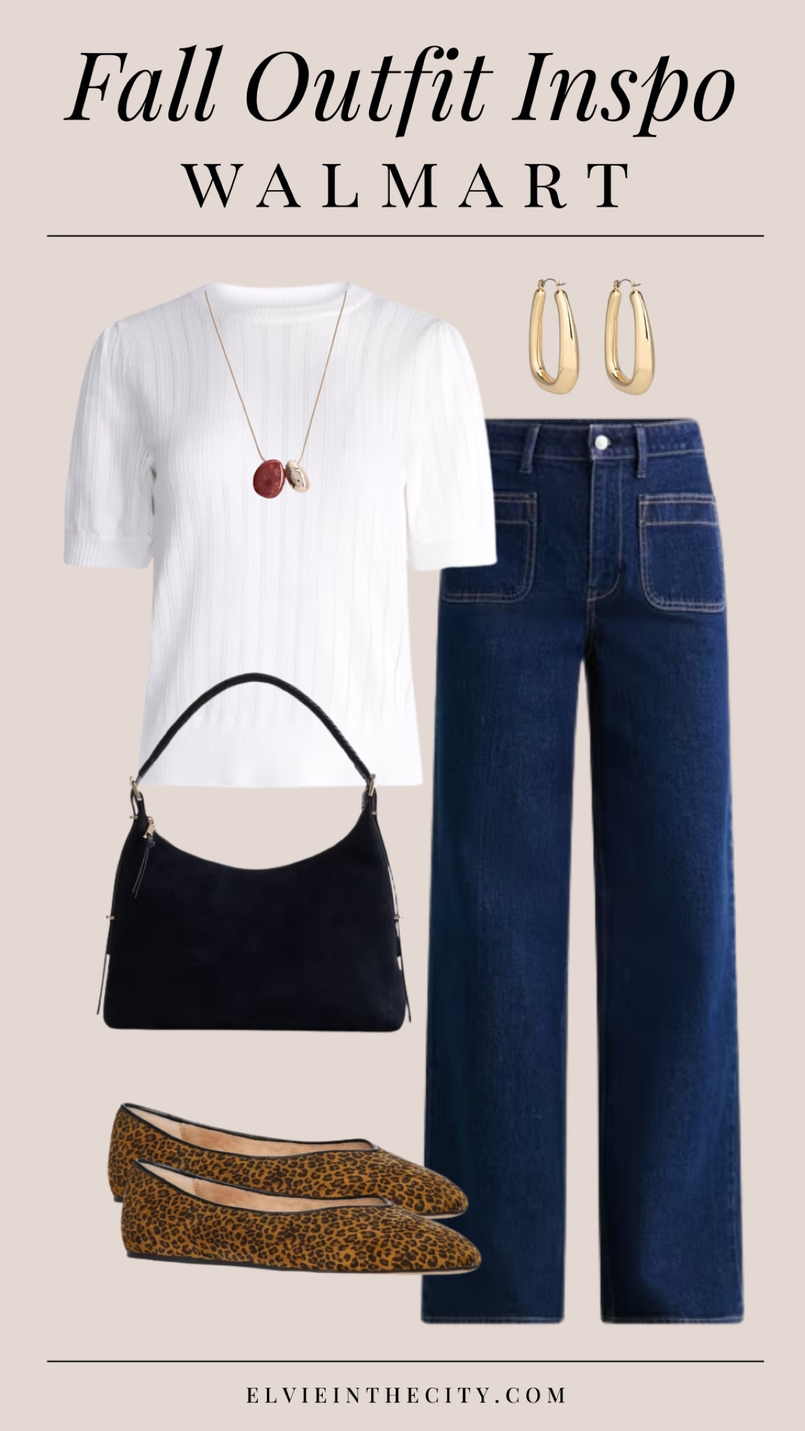 Fall outfit inspo from Walmart includes a white pointelle sweater paired with pocket front wide leg jeans, a black shoulder bag, leopard print faux suede flats, a teardrop necklace, and gold hoop earrings.

Walmart fashion, affordable fashion, ootd, fall outfit, fashion over 40, over 50 style

#LTKOver40 #LTKootd