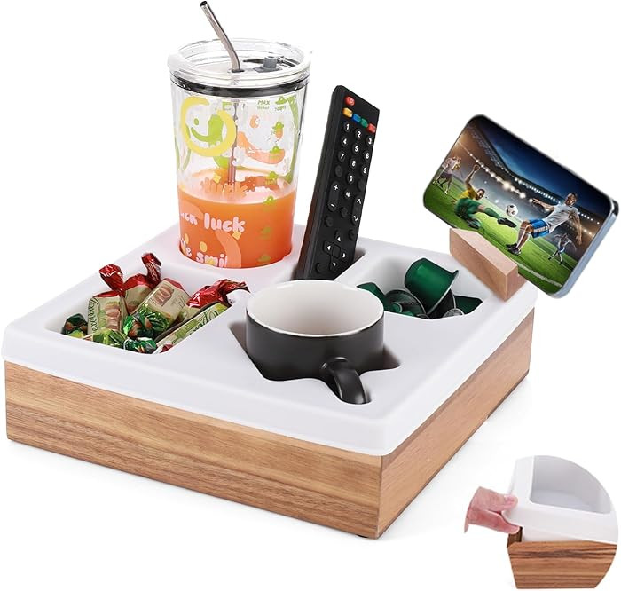 Couch Cup Holder Tray, Silicone Acacia Wooden Couch Caddy with Cup Holder for Snacks, Drinks, Rem... | Amazon (US)