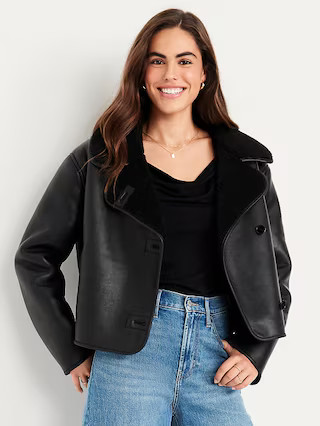 Oversized Faux-Leather Sherpa Jacket | Old Navy (US)