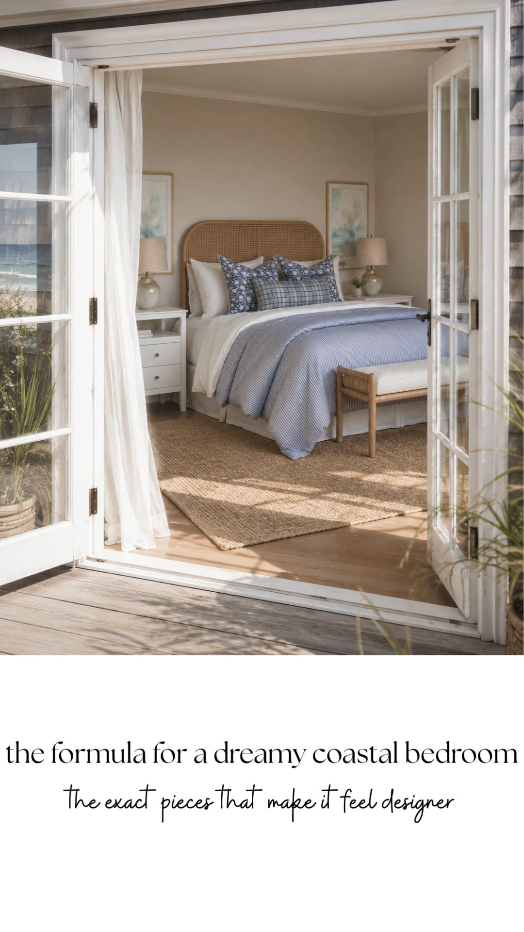 Dreamy coastal bedroom with soft blue bedding, warm wood furniture, and layered neutral textures

This rendered space combines natural materials, airy curtains, ceramic table lamps, and subtle coastal tones to create a bedroom that feels calm and elevated without feeling overly themed
The mix of muted blue accents and warm neutrals keeps the room feeling timeless and easy to style

All products featured in this bedroom are sourced from Wayfair, including the bed frame, nightstands, lighting, rug, bedding, and decor

Perfect for coastal bedroom ideas, beach house interiors, neutral bedroom styling, warm coastal decor, and complete bedroom furniture inspiration 

 #LTKHome