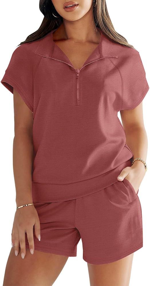 Paintcolors Women's Summer 2 Piece Outfits Half Zip T Shirt Lounge Set Short Sleeve Tops Joggers ... | Amazon (US)