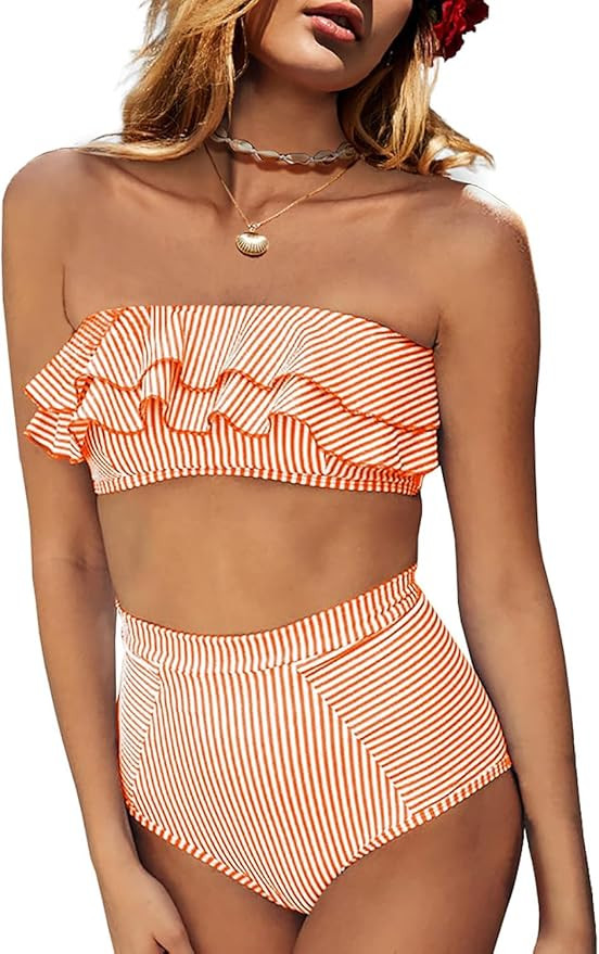 Saodimallsu Women High Waisted 2 Piece Bikini Set Bandeau Ruffle Swimsuit Top Striped Bathing Sui... | Amazon (US)