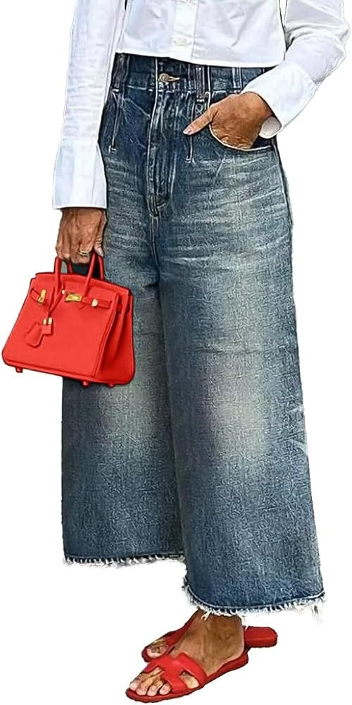 Flamingals Wide Leg High Rise Baggy Raw Hem Denim Jeans with Pockets | Amazon (US)