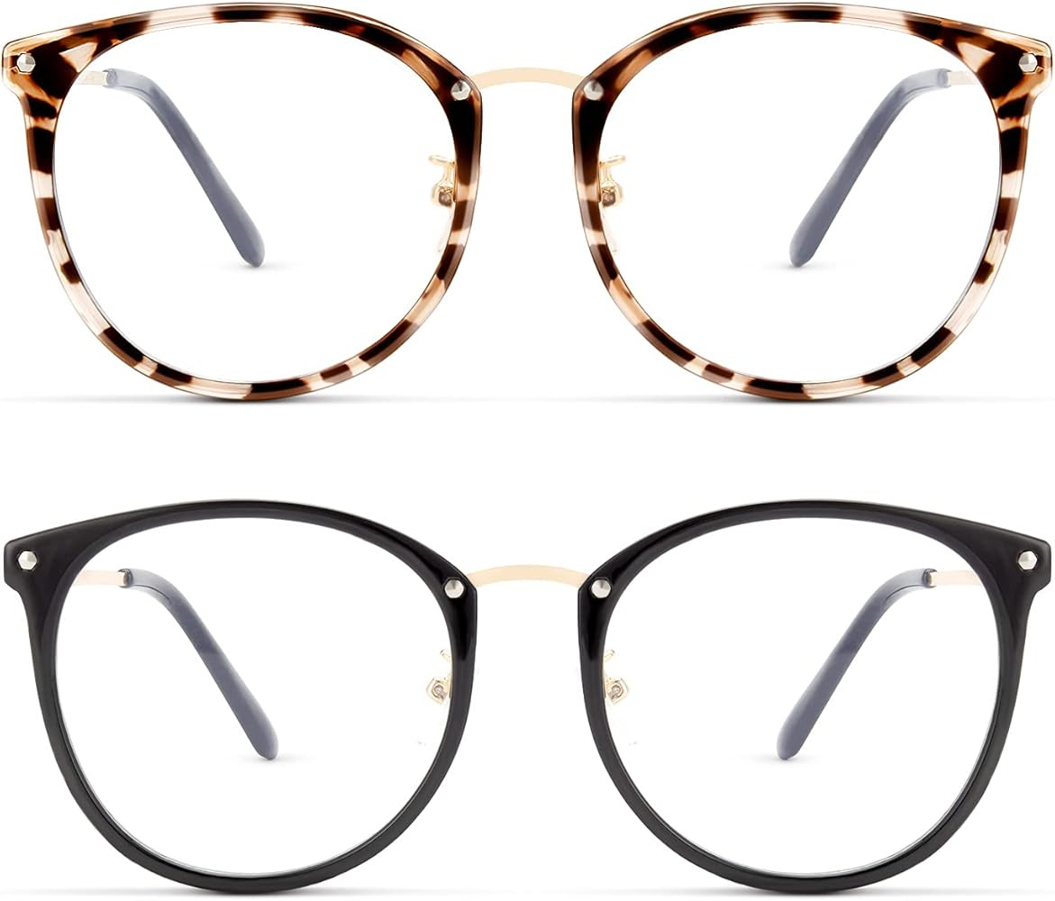 Rutony 2-Pack Blue Light Glasses - Womens Fake Glasses for Computer Bluelight Blocking - Retro Round | Amazon (US)