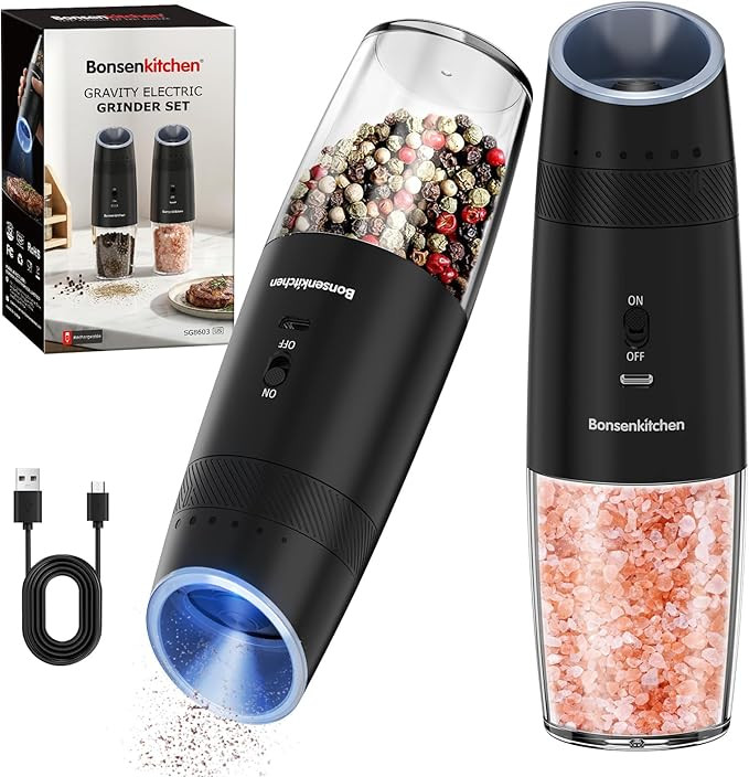 Bonsenkitchen Gravity Electric Salt and Pepper Grinder Set,Type-C Rechargeable Automatic Grinder ... | Amazon (US)