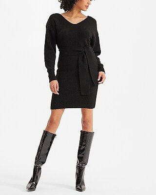 V-Neck Long Sleeve Belted Sweater Dress Black Women's XL | Express